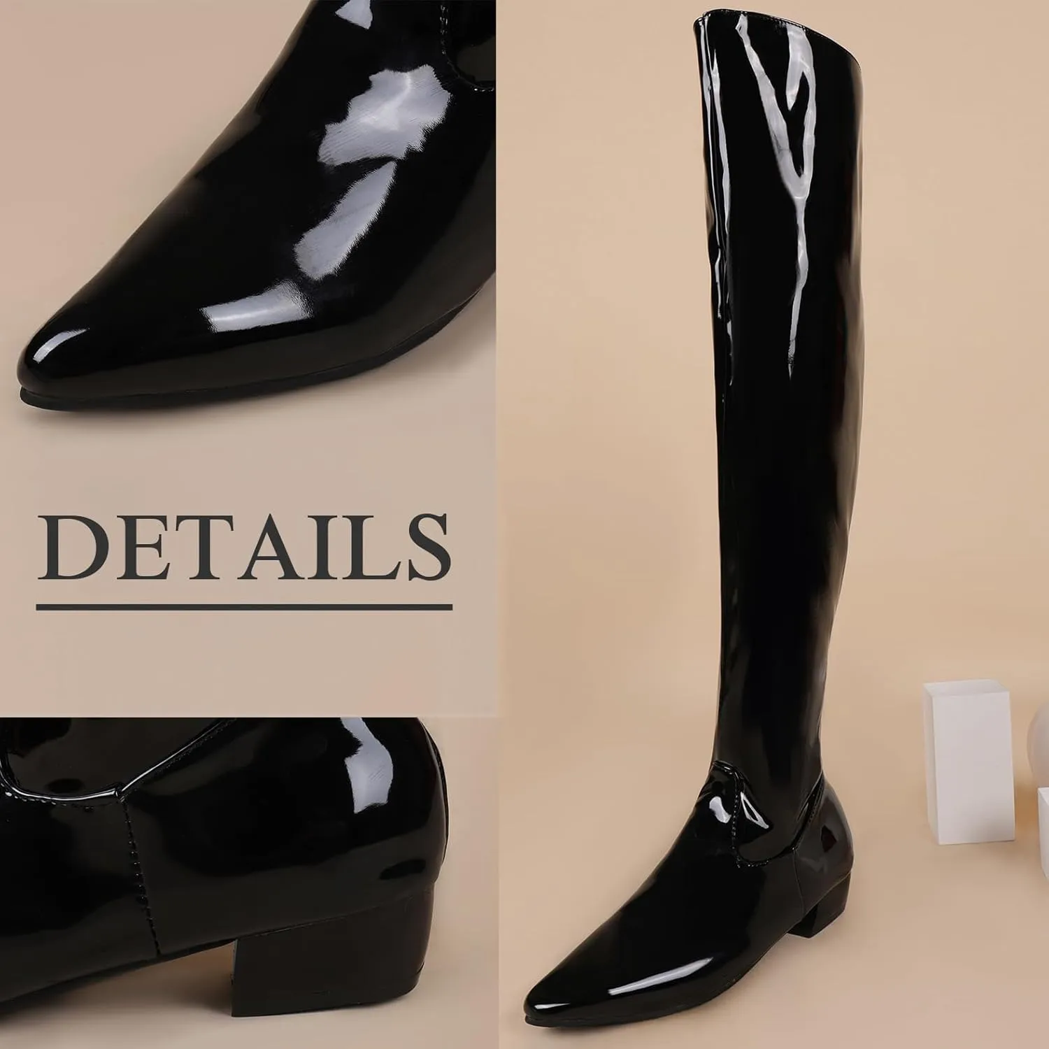 BEAUPAS Women's Patent Leather Flat Over The Knee Boots Pointed Toe Thigh High Boots Zip Up Shoes