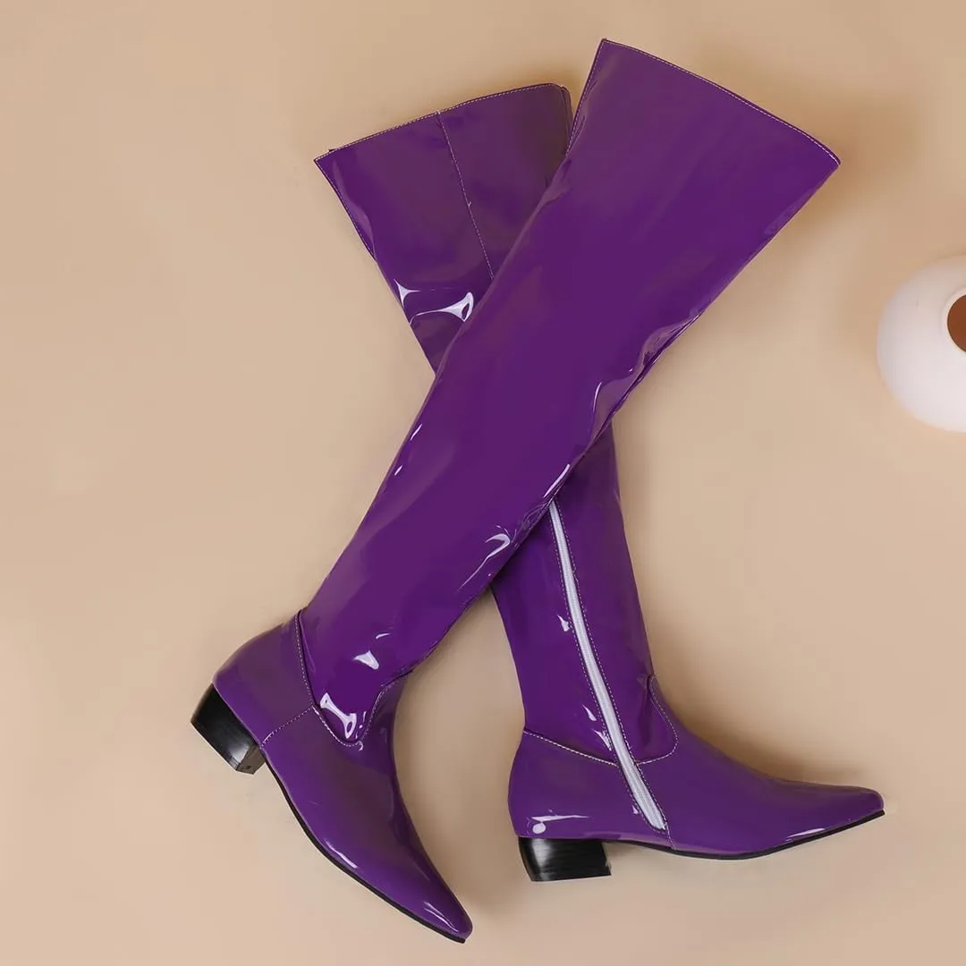 BEAUPAS Women's Patent Leather Flat Over The Knee Boots Pointed Toe Thigh High Boots Zip Up Shoes