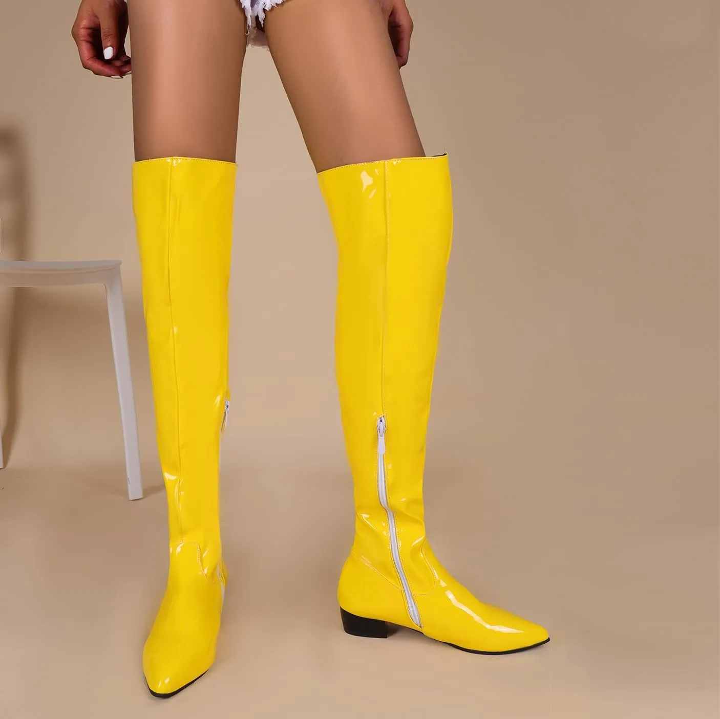 BEAUPAS Women's Patent Leather Flat Over The Knee Boots Pointed Toe Thigh High Boots Zip Up Shoes