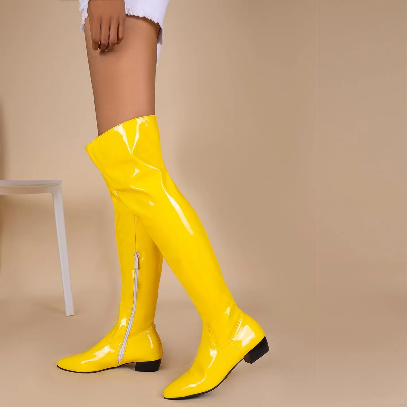BEAUPAS Women's Patent Leather Flat Over The Knee Boots Pointed Toe Thigh High Boots Zip Up Shoes