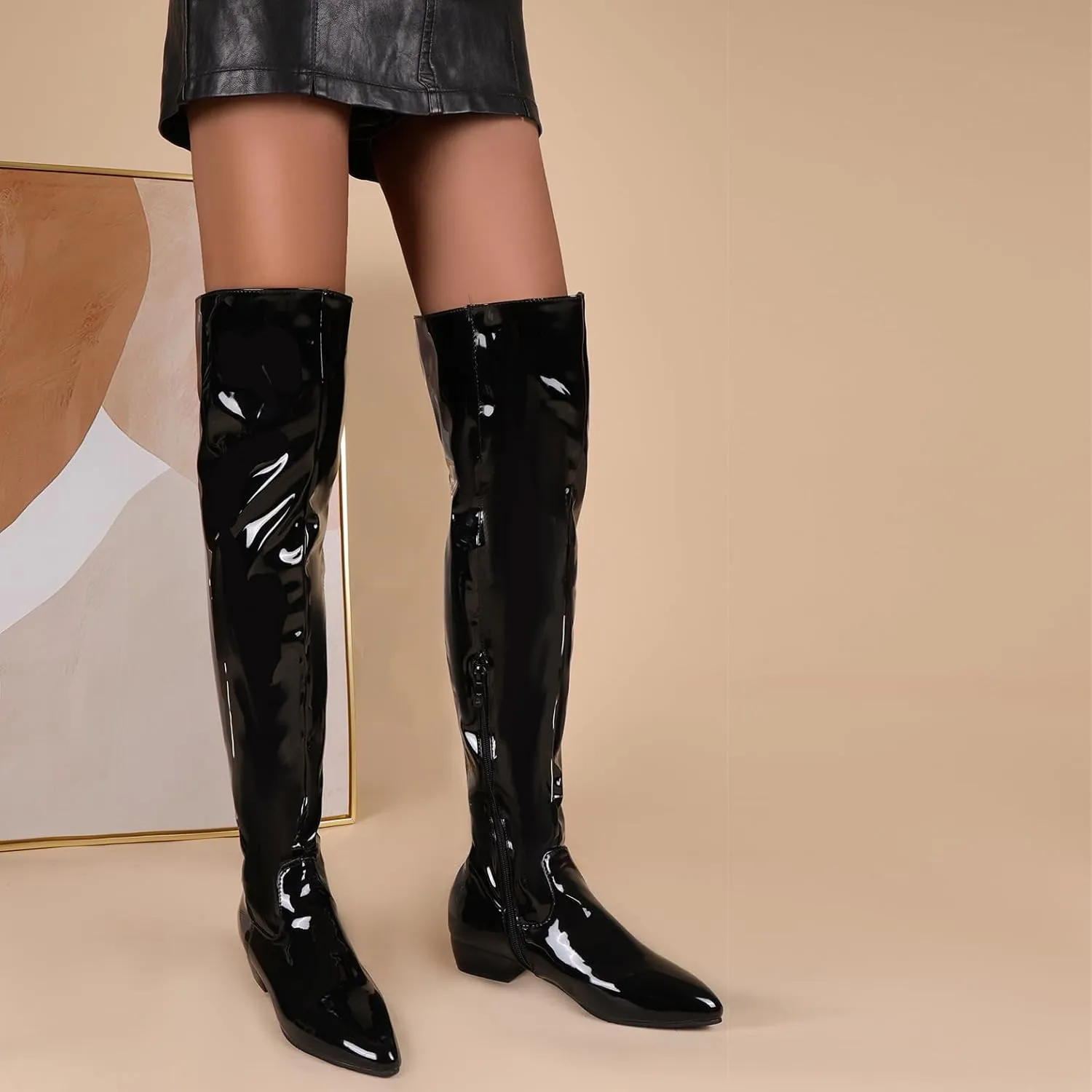 BEAUPAS Women's Patent Leather Flat Over The Knee Boots Pointed Toe Thigh High Boots Zip Up Shoes