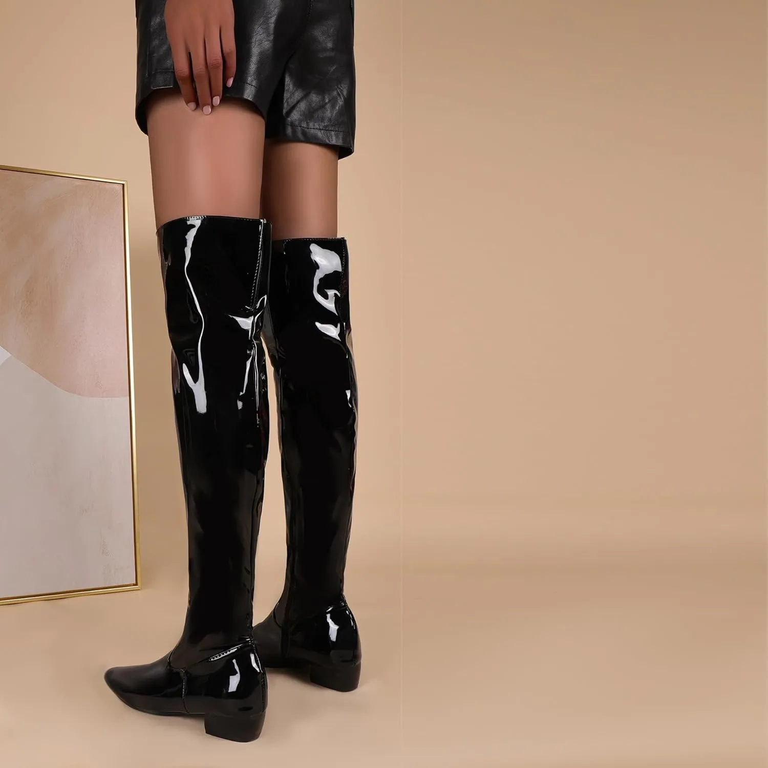 BEAUPAS Women's Patent Leather Flat Over The Knee Boots Pointed Toe Thigh High Boots Zip Up Shoes