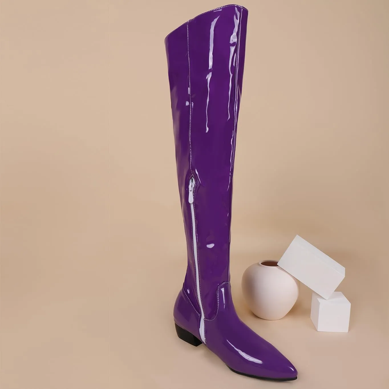 BEAUPAS Women's Patent Leather Flat Over The Knee Boots Pointed Toe Thigh High Boots Zip Up Shoes