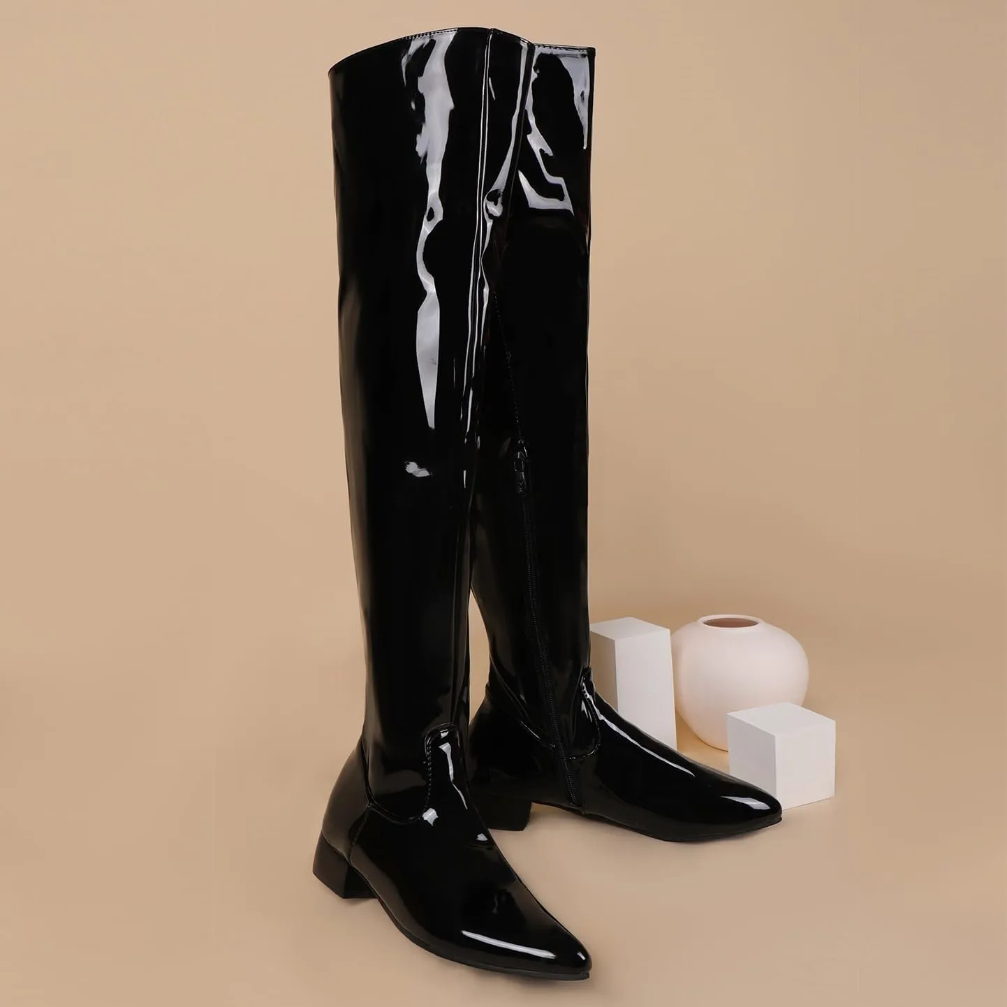 BEAUPAS Women's Patent Leather Flat Over The Knee Boots Pointed Toe Thigh High Boots Zip Up Shoes