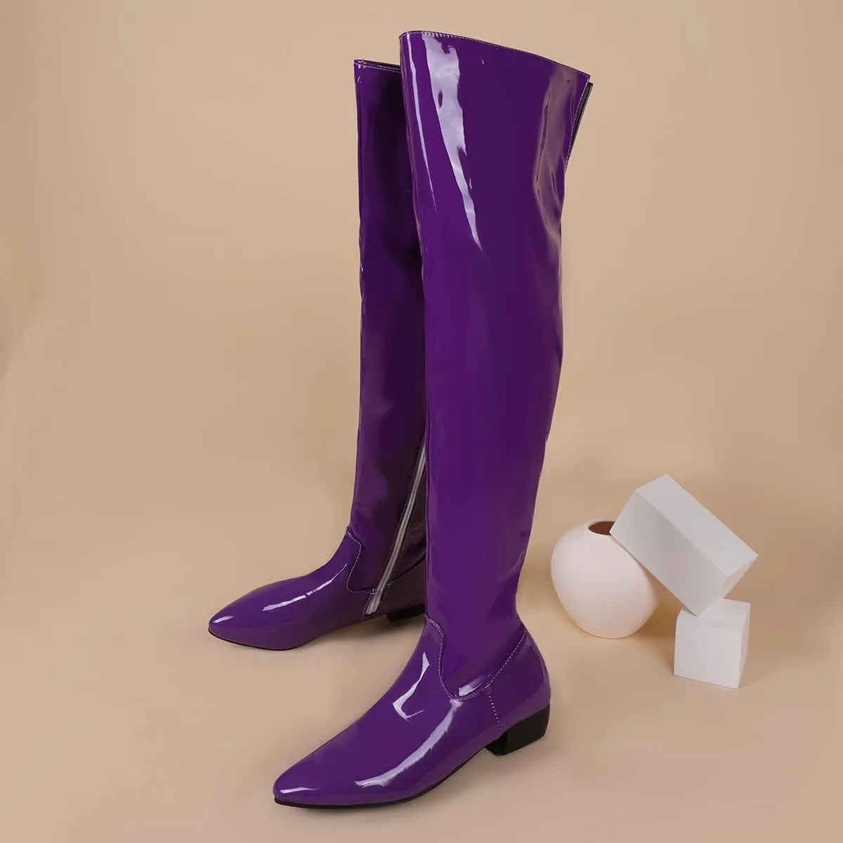 BEAUPAS Women's Patent Leather Flat Over The Knee Boots Pointed Toe Thigh High Boots Zip Up Shoes