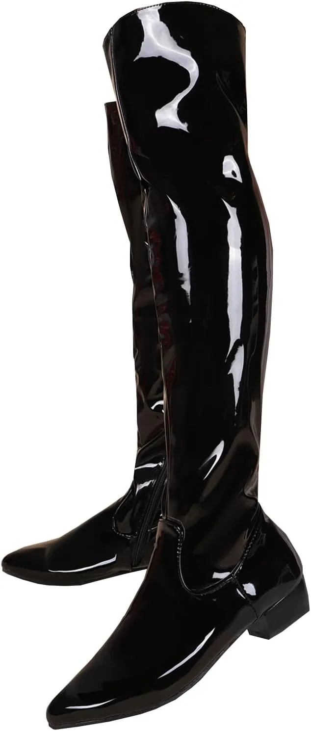 BEAUPAS Women's Patent Leather Flat Over The Knee Boots Pointed Toe Thigh High Boots Zip Up Shoes