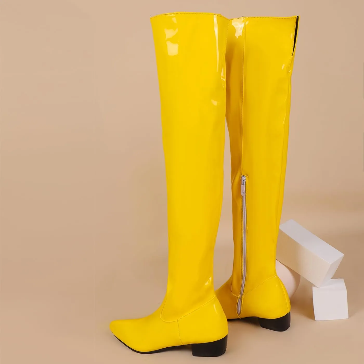 BEAUPAS Women's Patent Leather Flat Over The Knee Boots Pointed Toe Thigh High Boots Zip Up Shoes