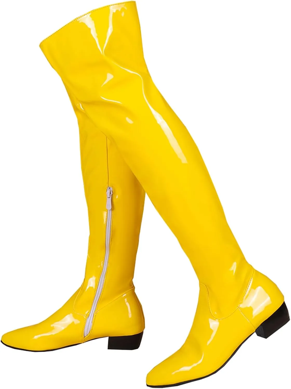 BEAUPAS Women's Patent Leather Flat Over The Knee Boots Pointed Toe Thigh High Boots Zip Up Shoes