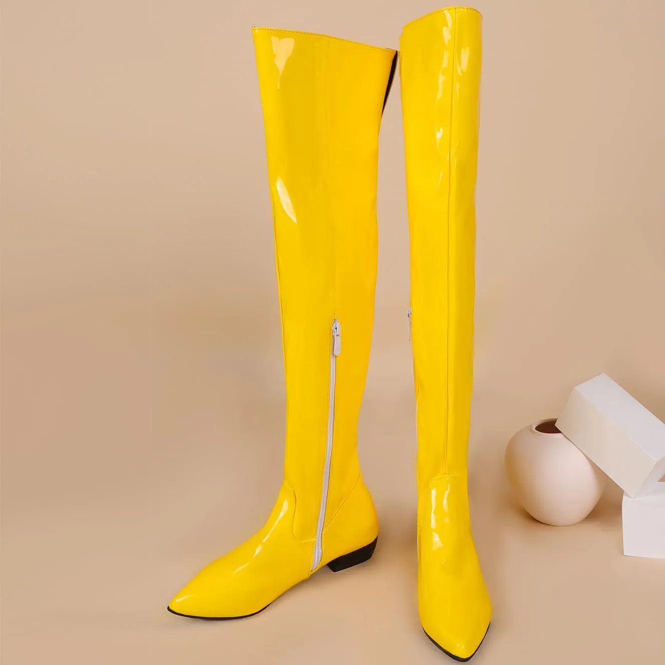 BEAUPAS Women's Patent Leather Flat Over The Knee Boots Pointed Toe Thigh High Boots Zip Up Shoes