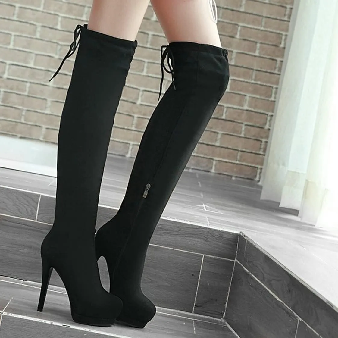BEAUPAS Women's Platform Lace Up Over The Knee Boots Stiletto High Heel Thigh High Boots Round Toe Zip Up Shoes