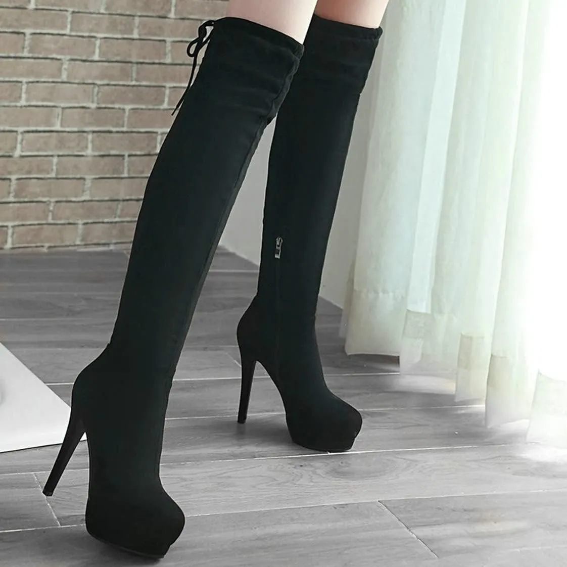 BEAUPAS Women's Platform Lace Up Over The Knee Boots Stiletto High Heel Thigh High Boots Round Toe Zip Up Shoes