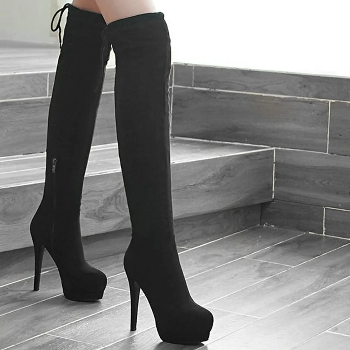 BEAUPAS Women's Platform Lace Up Over The Knee Boots Stiletto High Heel Thigh High Boots Round Toe Zip Up Shoes