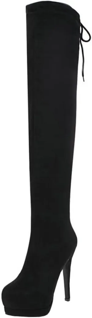 BEAUPAS Women's Platform Lace Up Over The Knee Boots Stiletto High Heel Thigh High Boots Round Toe Zip Up Shoes