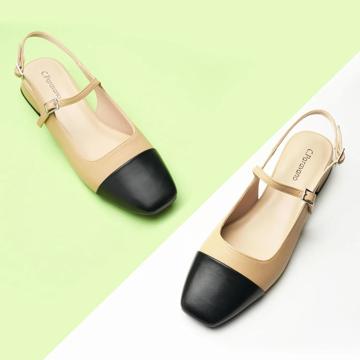 C. Paravano Women's Slingback Sandals, Mary Jane Style Flats with Adjustable Ankle Straps & Square Toe, Stylish Comfortable Casual Shoes