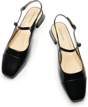 C. Paravano Women's Slingback Sandals, Mary Jane Style Flats with Adjustable Ankle Straps & Square Toe, Stylish Comfortable Casual Shoes