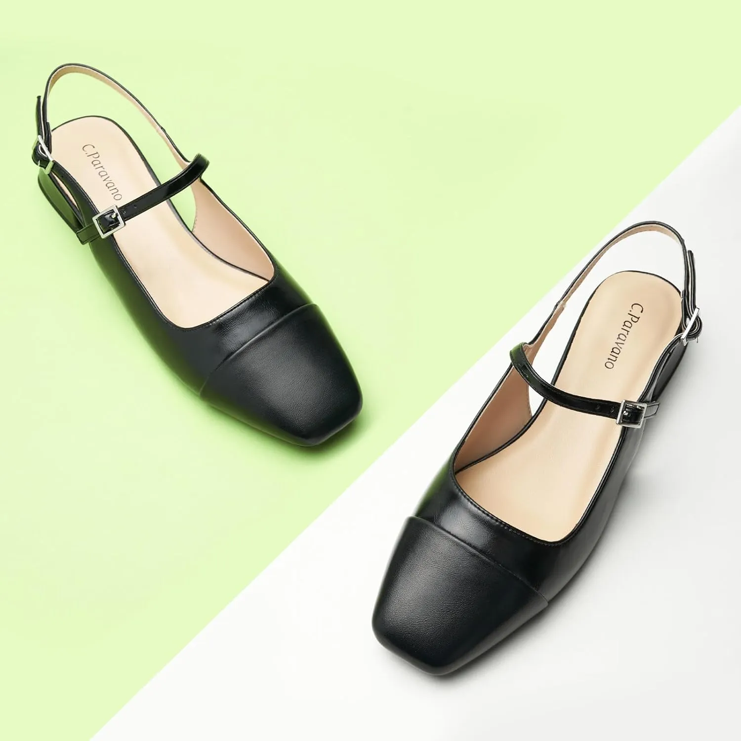 C. Paravano Women's Slingback Sandals, Mary Jane Style Flats with Adjustable Ankle Straps & Square Toe, Stylish Comfortable Casual Shoes