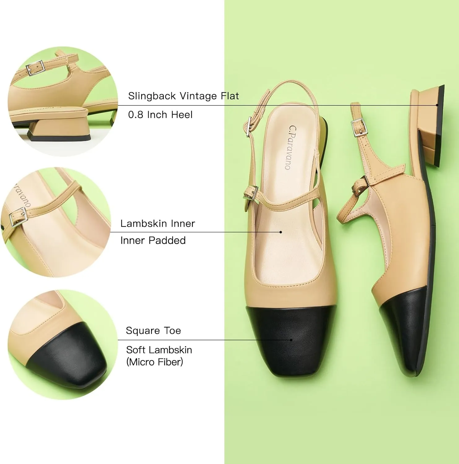 C. Paravano Women's Slingback Sandals, Mary Jane Style Flats with Adjustable Ankle Straps & Square Toe, Stylish Comfortable Casual Shoes