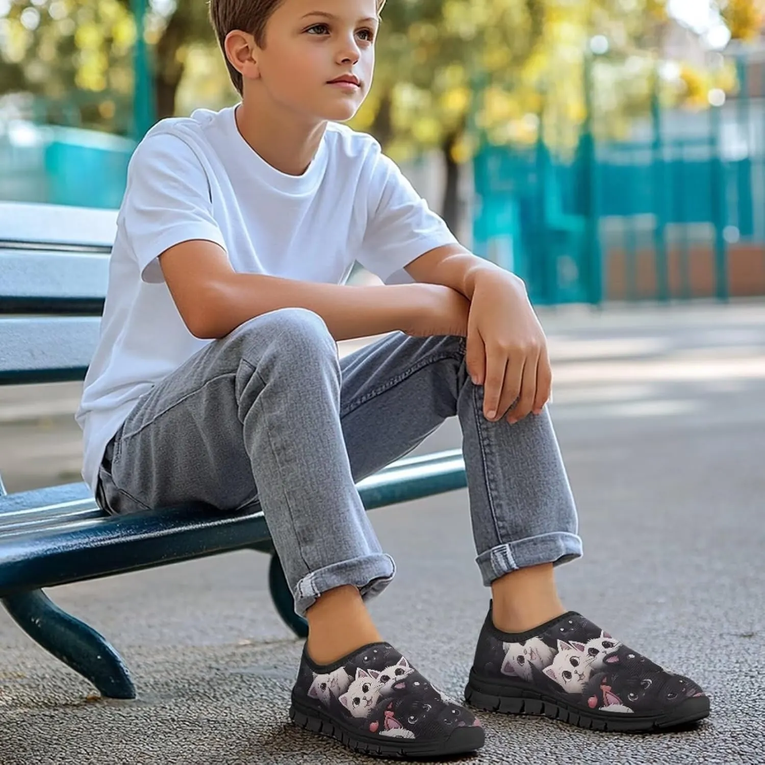 Children Cats Pattern Running Shoes Low-Cut Polyester Fabric Sneakers for Boys Girls Big Kids Little Kids Casual Tennis Shoes