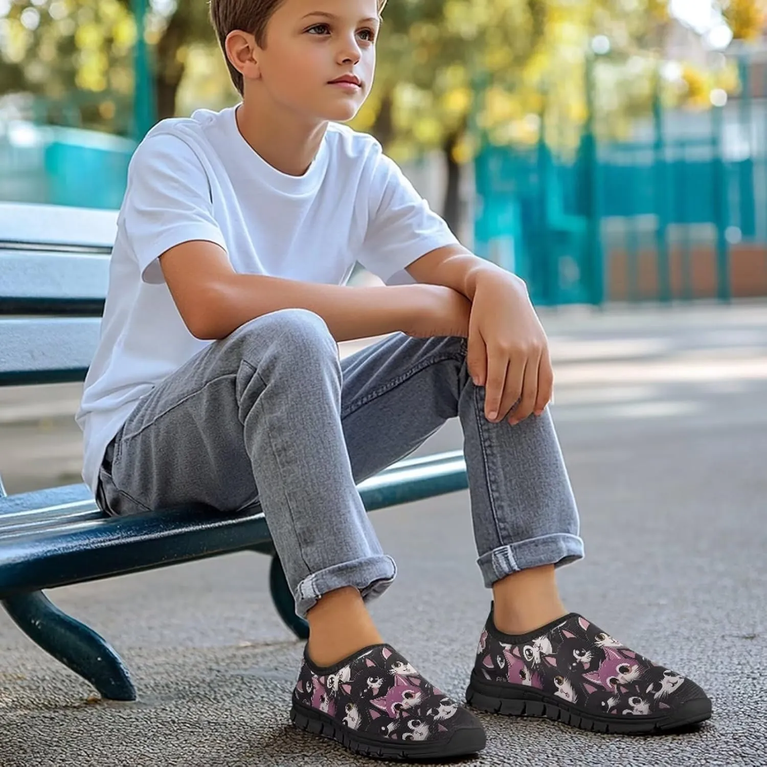 Children Cats Pattern Running Shoes Low-Cut Polyester Fabric Sneakers for Boys Girls Big Kids Little Kids Casual Tennis Shoes