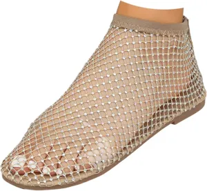 Comfortable Shiny Gem Mesh Flats,Ballet Flats for Women Sandals Women Dressy Summer Flat Shoes Slip On Sandals,Sexy Flat Cutout Sparkly Casual Wedding Dress Flats,Rhinestone Short Boots
