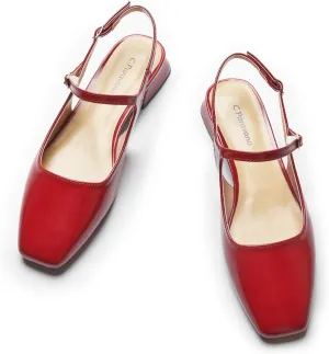 C.Paravano Women's Slingback Flats | Square Toe Slingback Flats for Women | Block Heel Slingback Sandals | Adjustable Strap Shoes (Size 5.5,New Red)