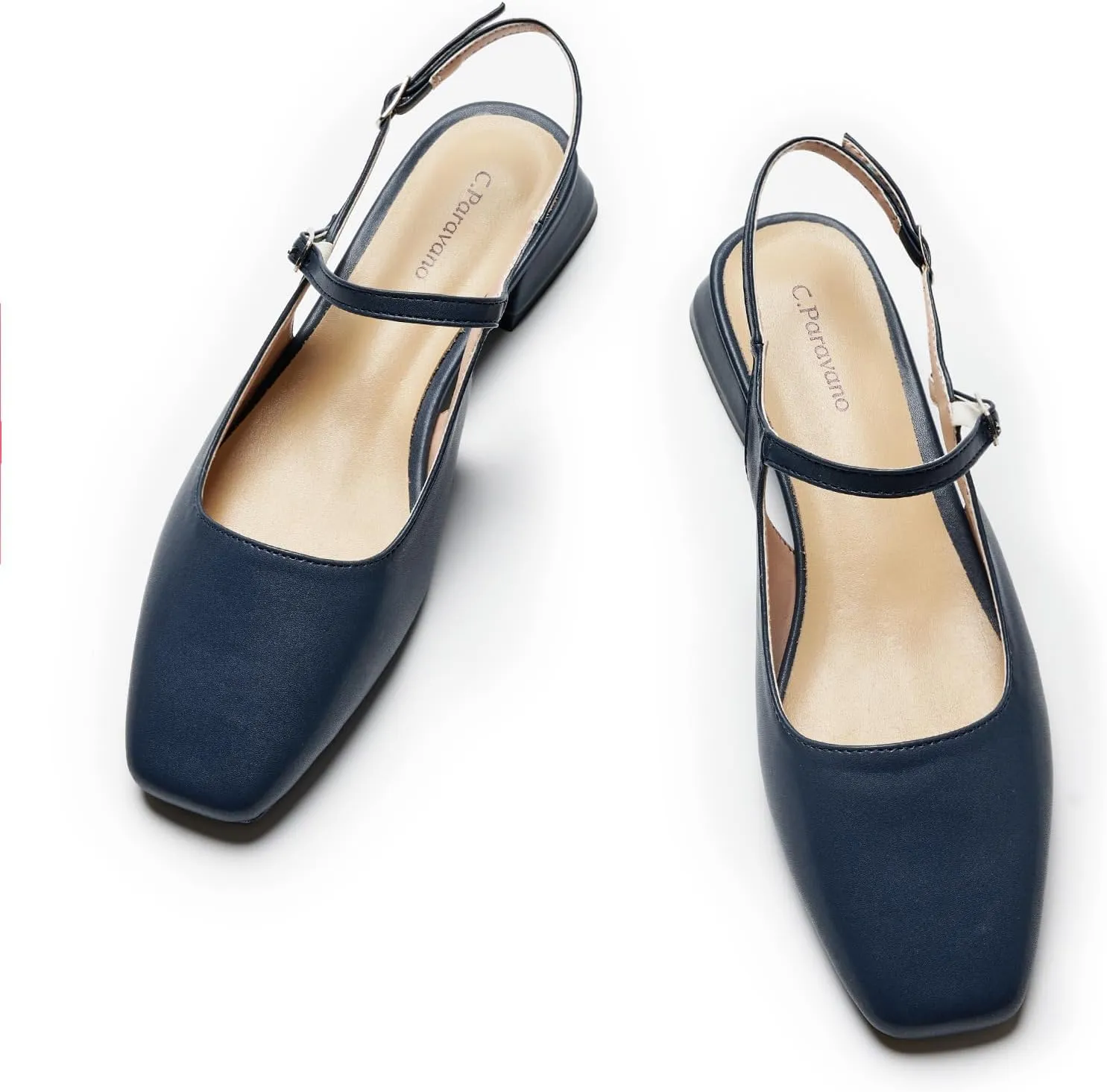 C.Paravano Women's Slingback Flats | Square Toe Slingback Flats for Women | Block Heel Slingback Sandals | Adjustable Strap Shoes (Size 8.5,Blue)