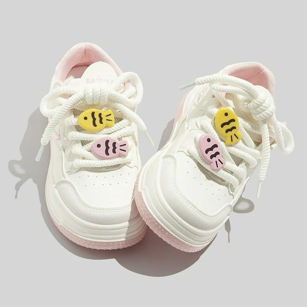 Cute Fish Embroidered Shoes Women's Casual Sneakers Comfortable Everyday Shoes Spring Color-Block Casual Women's Low-Top White Sneakers
