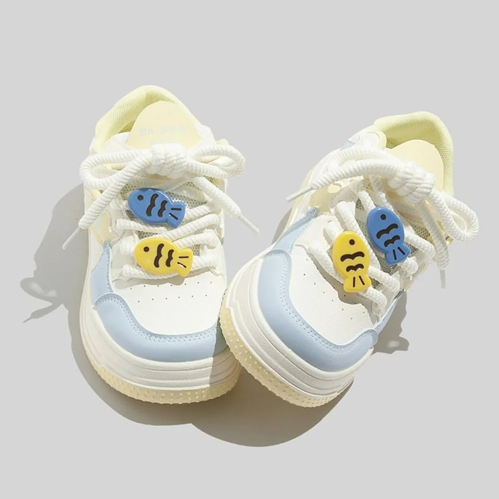Cute Fish Embroidered Shoes Women's Casual Sneakers Comfortable Everyday Shoes Spring Color-Block Casual Women's Low-Top White Sneakers