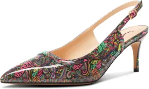 DearOnly Womens Mid Kitten Heel Pointed Toe Slingback Pumps Wedding Patent Leather Slip-on Sandals 2.4 Inches Heels
