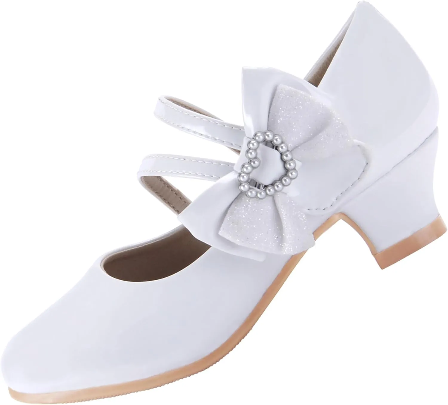 EIGHT KM Girls High Heel Dress Shoes Mary Jane Princess Wedding Party Pump Shoes EKM7035 Patent Leather Heart Pearl Bow White US Big Kid Size 4