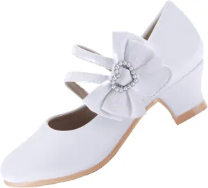 EIGHT KM Girls High Heel Dress Shoes Mary Jane Princess Wedding Party Pump Shoes EKM7035 Patent Leather Heart Pearl Bow White US Toddler Size 7