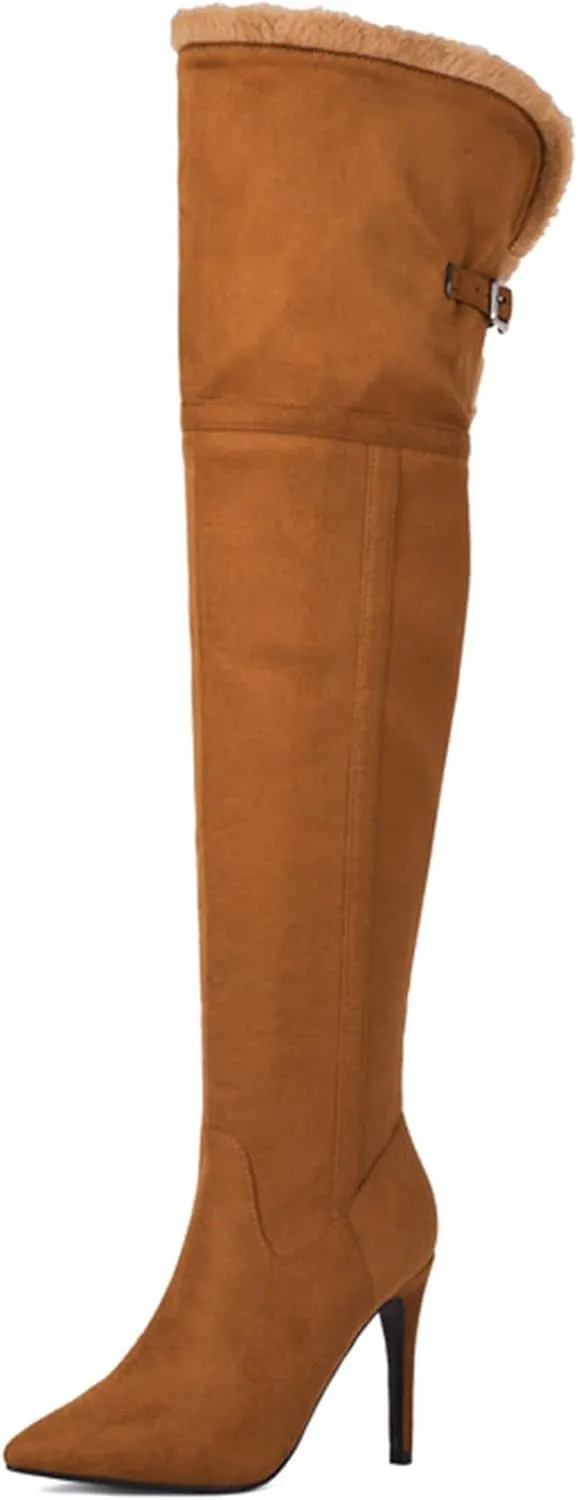 ErikenUrben Women Winter Fur Lined Over the Knee Boots Stiletto Heel Thigh High Boots Zip