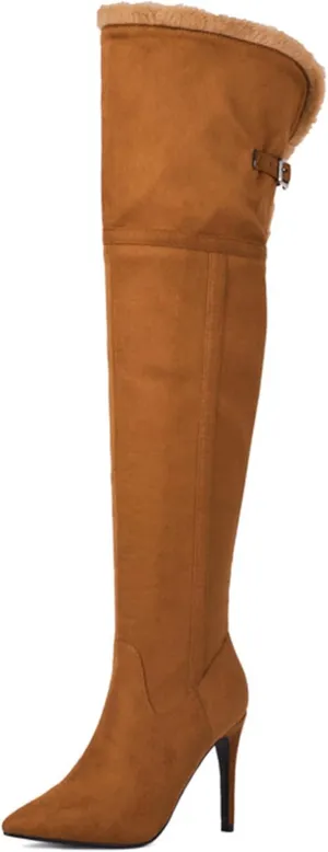ErikenUrben Women Winter Fur Lined Over the Knee Boots Stiletto Heel Thigh High Boots Zip
