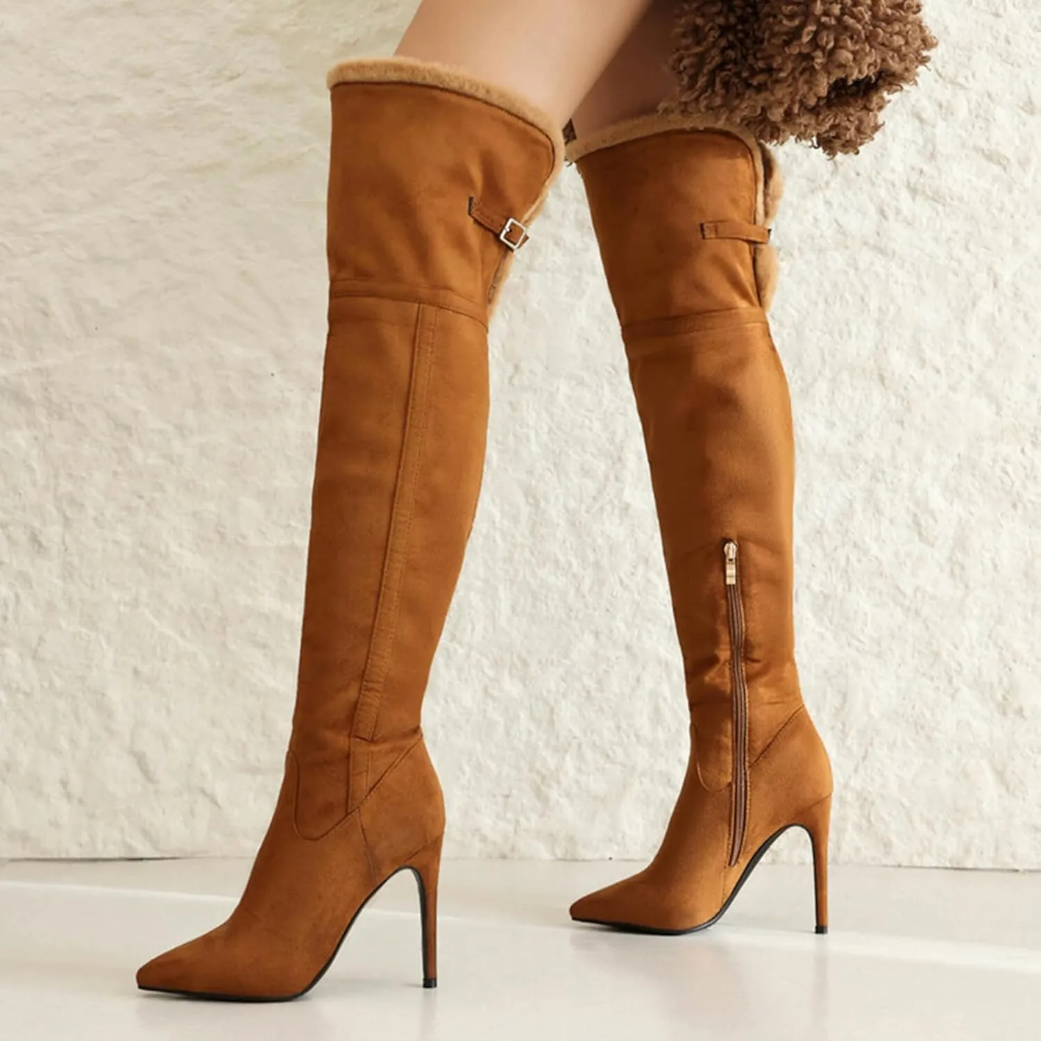 ErikenUrben Women Winter Fur Lined Over the Knee Boots Stiletto Heel Thigh High Boots Zip