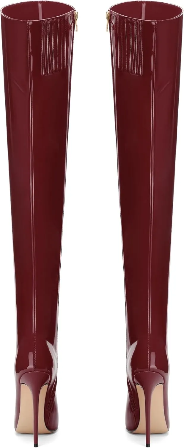 FOGEENA Over the Knee Boots for Women Stiletto High Heel Patent Leather Pointed Toe Zipper 4.7 Inch Thigh High Boots Fashion Sexy Dating Party Fall Winter Boots