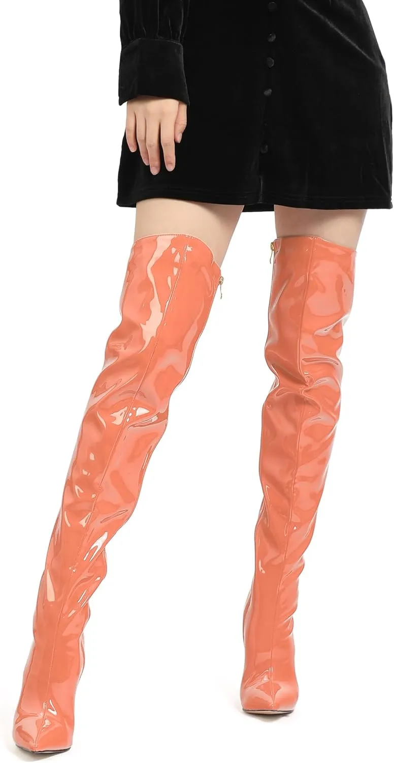 FOGEENA Over the Knee Boots for Women Stiletto High Heel Patent Leather Pointed Toe Zipper 4.7 Inch Thigh High Boots Fashion Sexy Dating Party Fall Winter Boots