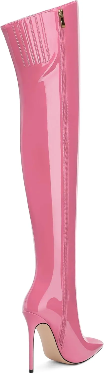 FOGEENA Over the Knee Boots for Women Stiletto High Heel Patent Leather Pointed Toe Zipper 4.7 Inch Thigh High Boots Fashion Sexy Dating Party Fall Winter Boots