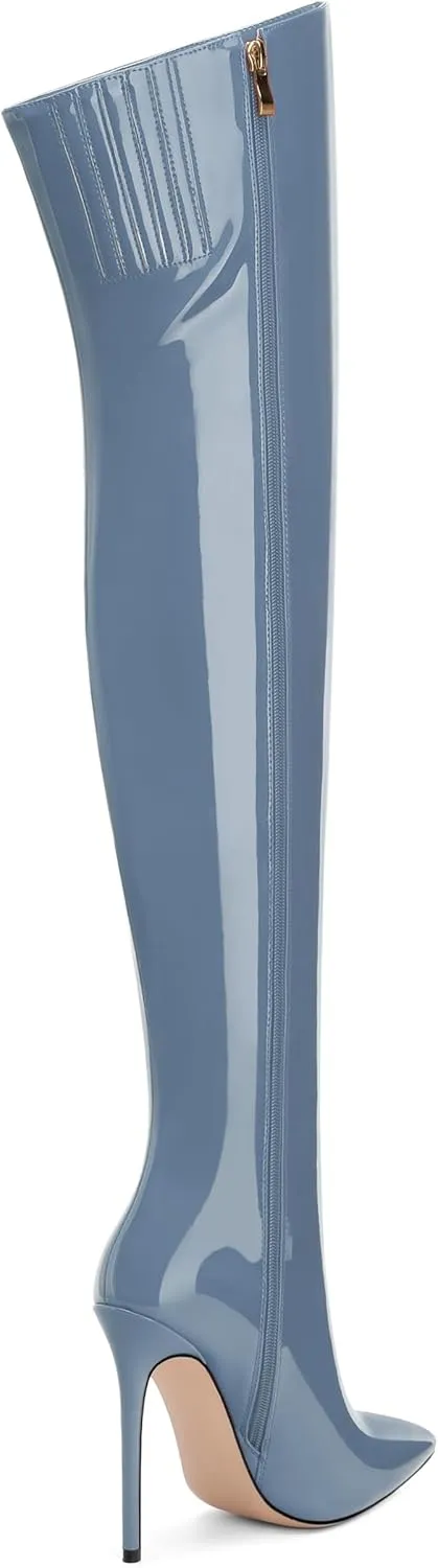 FOGEENA Over the Knee Boots for Women Stiletto High Heel Patent Leather Pointed Toe Zipper 4.7 Inch Thigh High Boots Fashion Sexy Dating Party Fall Winter Boots