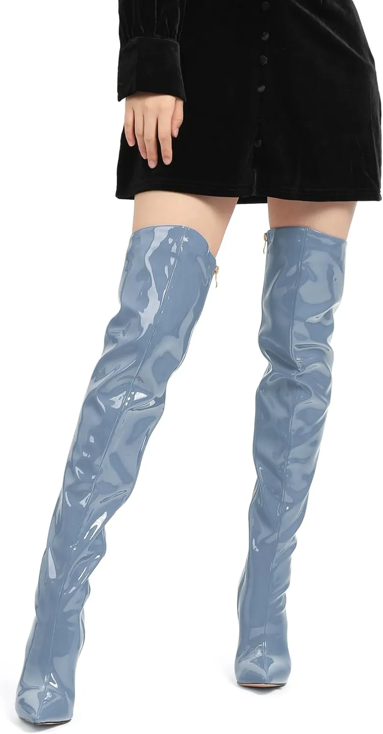 FOGEENA Over the Knee Boots for Women Stiletto High Heel Patent Leather Pointed Toe Zipper 4.7 Inch Thigh High Boots Fashion Sexy Dating Party Fall Winter Boots