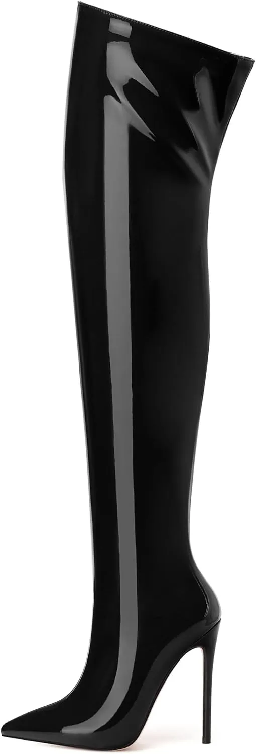 FOGEENA Over the Knee Boots for Women Stiletto High Heel Patent Leather Pointed Toe Zipper 4.7 Inch Thigh High Boots Fashion Sexy Dating Party Fall Winter Boots