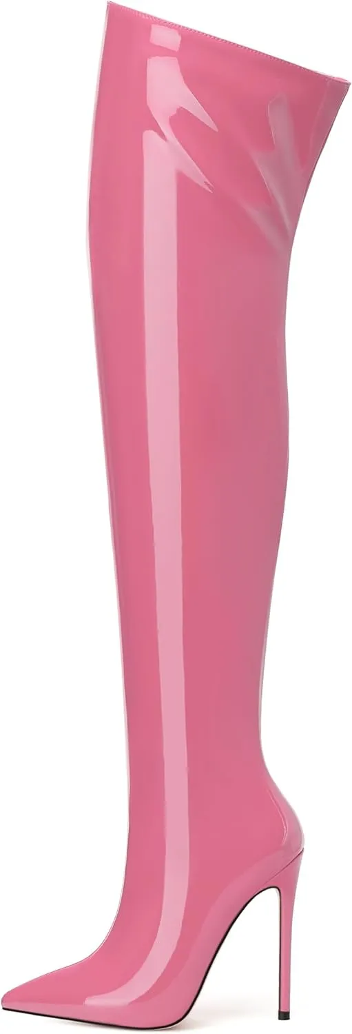 FOGEENA Over the Knee Boots for Women Stiletto High Heel Patent Leather Pointed Toe Zipper 4.7 Inch Thigh High Boots Fashion Sexy Dating Party Fall Winter Boots