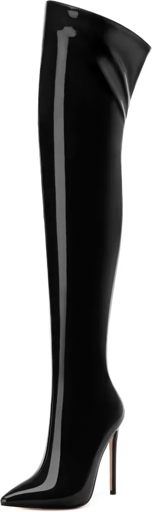 FOGEENA Over the Knee Boots for Women Stiletto High Heel Patent Leather Pointed Toe Zipper 4.7 Inch Thigh High Boots Fashion Sexy Dating Party Fall Winter Boots