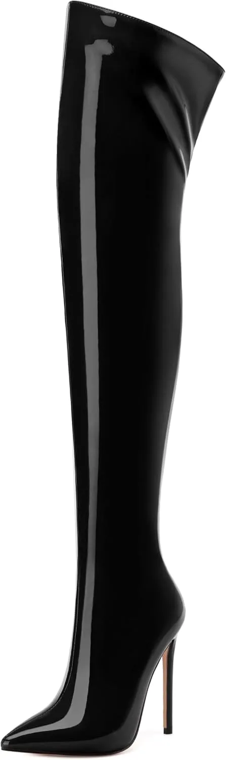 FOGEENA Over the Knee Boots for Women Stiletto High Heel Patent Leather Pointed Toe Zipper 4.7 Inch Thigh High Boots Fashion Sexy Dating Party Fall Winter Boots