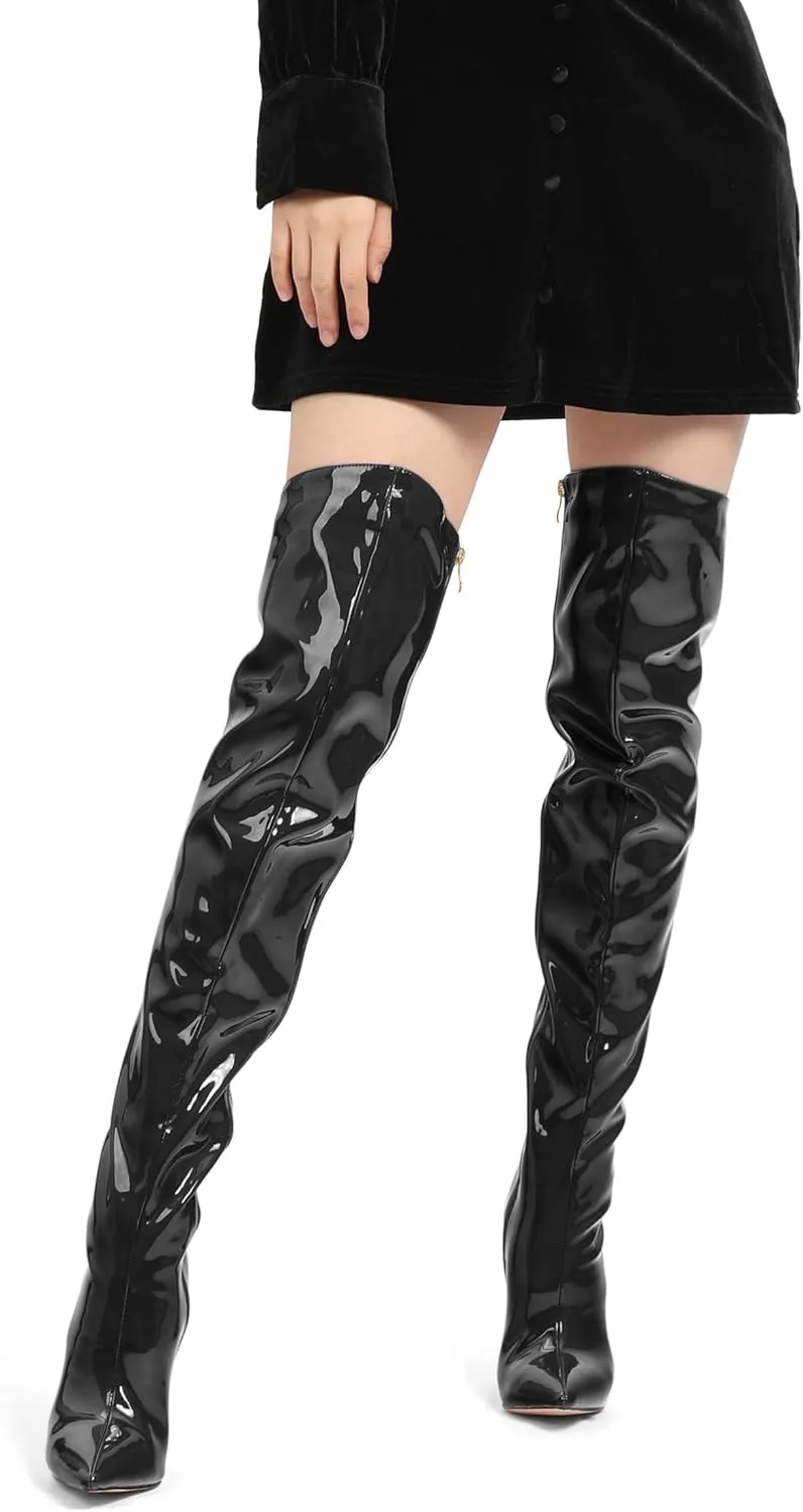 FOGEENA Over the Knee Boots for Women Stiletto High Heel Patent Leather Pointed Toe Zipper 4.7 Inch Thigh High Boots Fashion Sexy Dating Party Fall Winter Boots