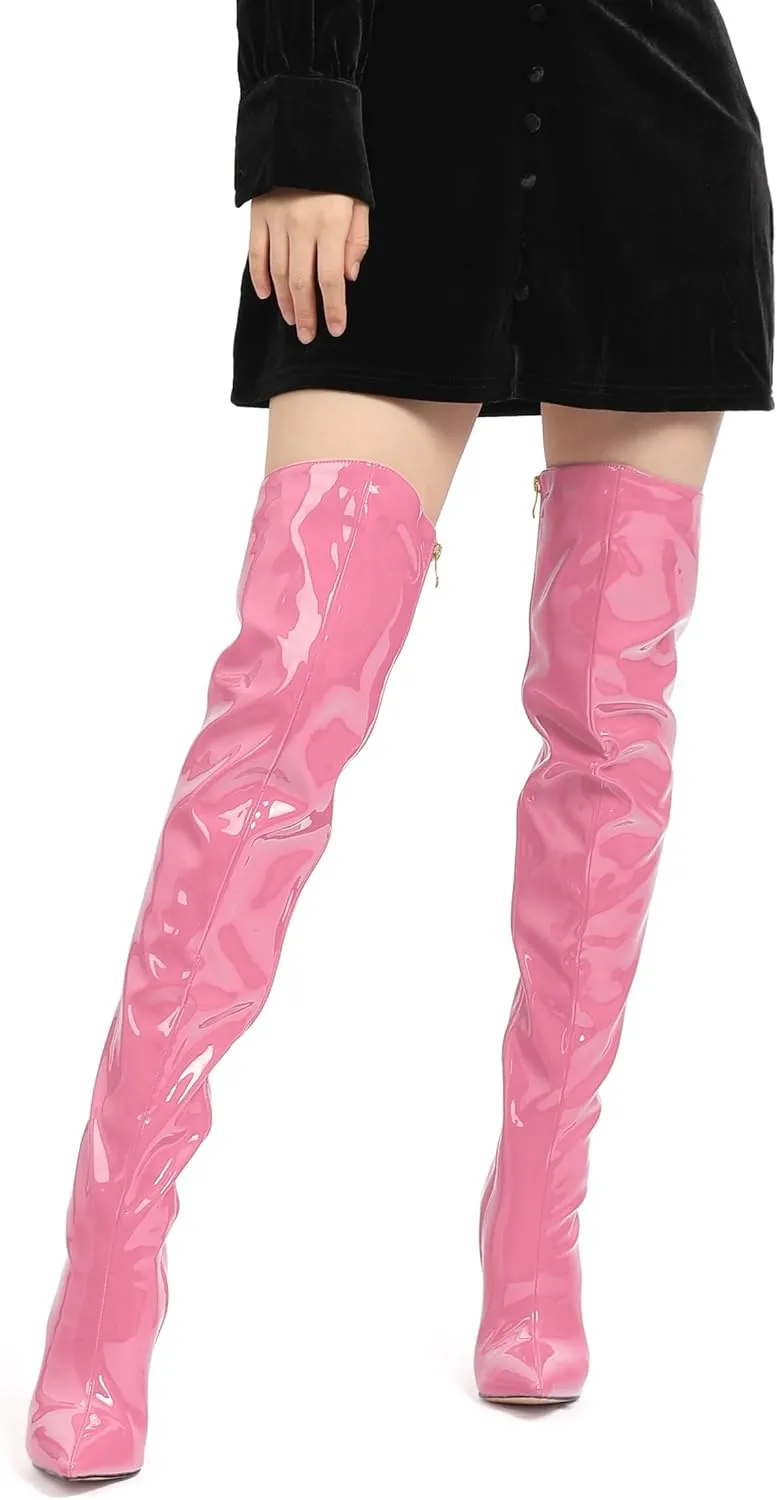 FOGEENA Over the Knee Boots for Women Stiletto High Heel Patent Leather Pointed Toe Zipper 4.7 Inch Thigh High Boots Fashion Sexy Dating Party Fall Winter Boots