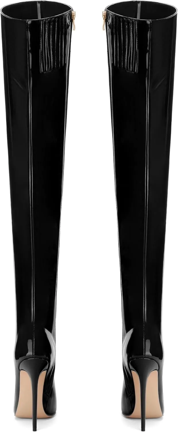 FOGEENA Over the Knee Boots for Women Stiletto High Heel Patent Leather Pointed Toe Zipper 4.7 Inch Thigh High Boots Fashion Sexy Dating Party Fall Winter Boots