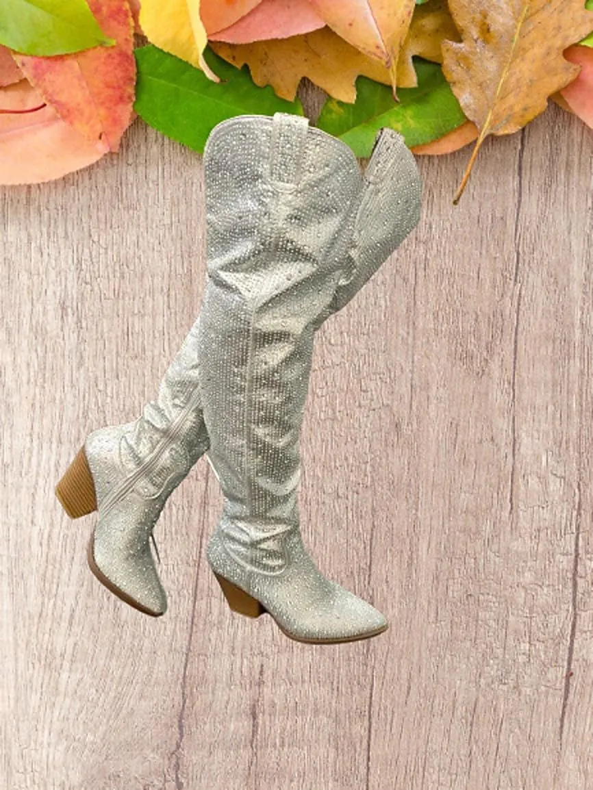 Forever Link Women Western Cowgirl Cowboy Pointed Toe Rhinestone Over the Knee Boots