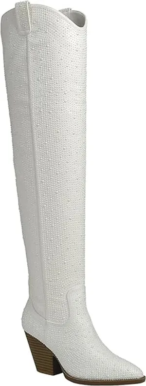 Forever Link Women Western Cowgirl Cowboy Pointed Toe Rhinestone Over the Knee Boots