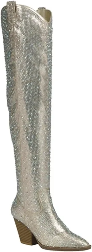 Forever Link Women Western Cowgirl Cowboy Pointed Toe Rhinestone Over the Knee Boots