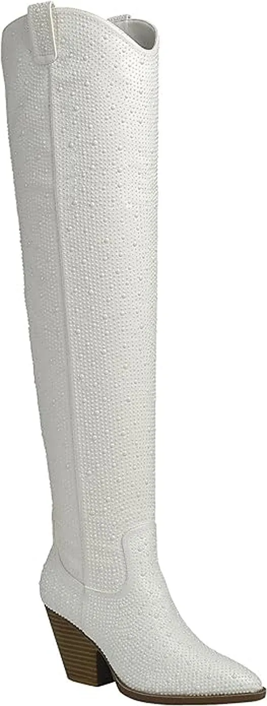 Forever Link Women Western Cowgirl Cowboy Pointed Toe Rhinestone Over the Knee Boots